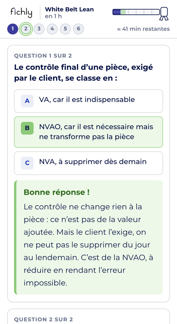 Écran d’une question corrigée : la bonne réponse est surlignée en vert, avec l’explication juste en dessous.