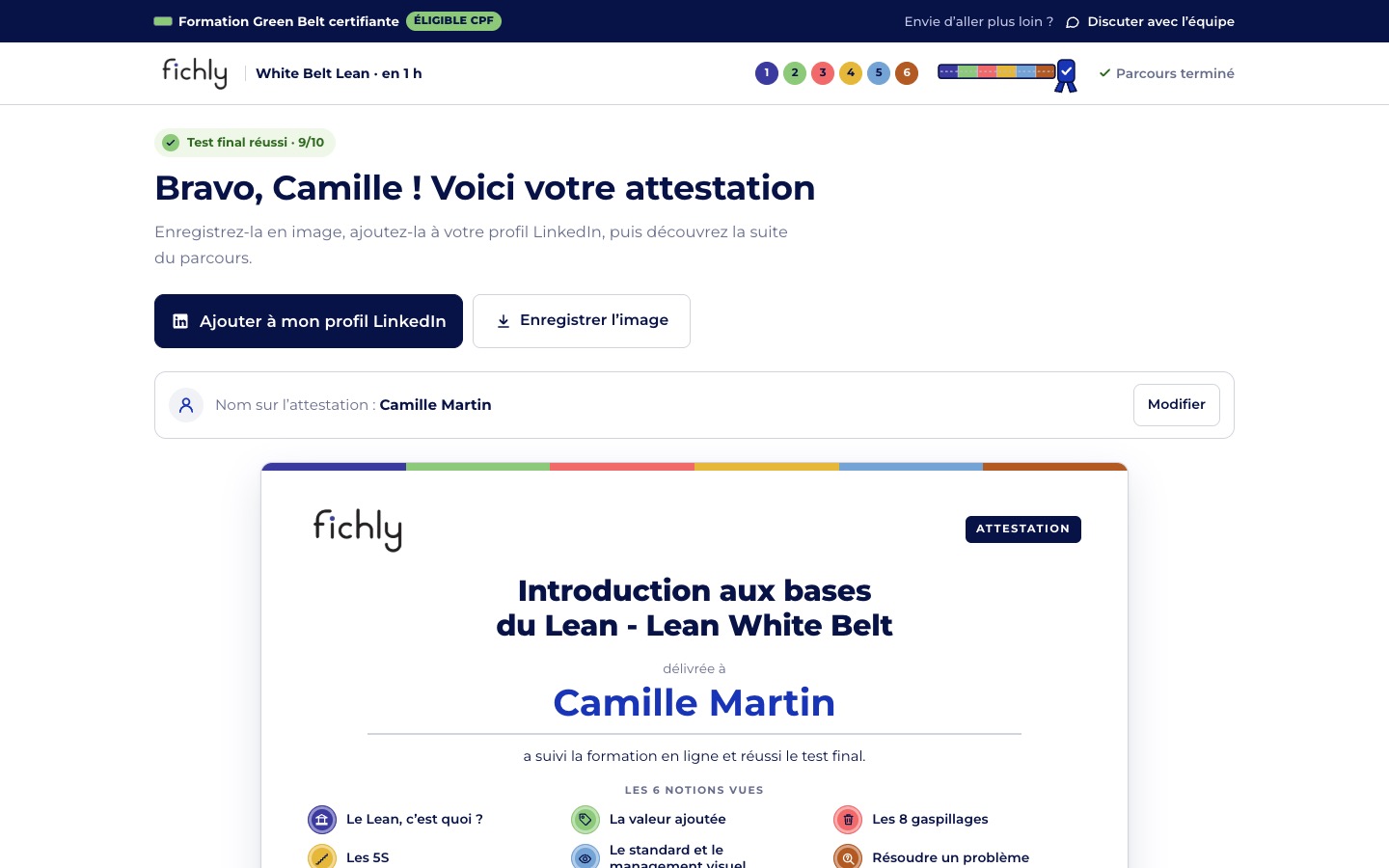 Écran de l’attestation : test réussi, boutons pour l’ajouter à LinkedIn et l’enregistrer en image.